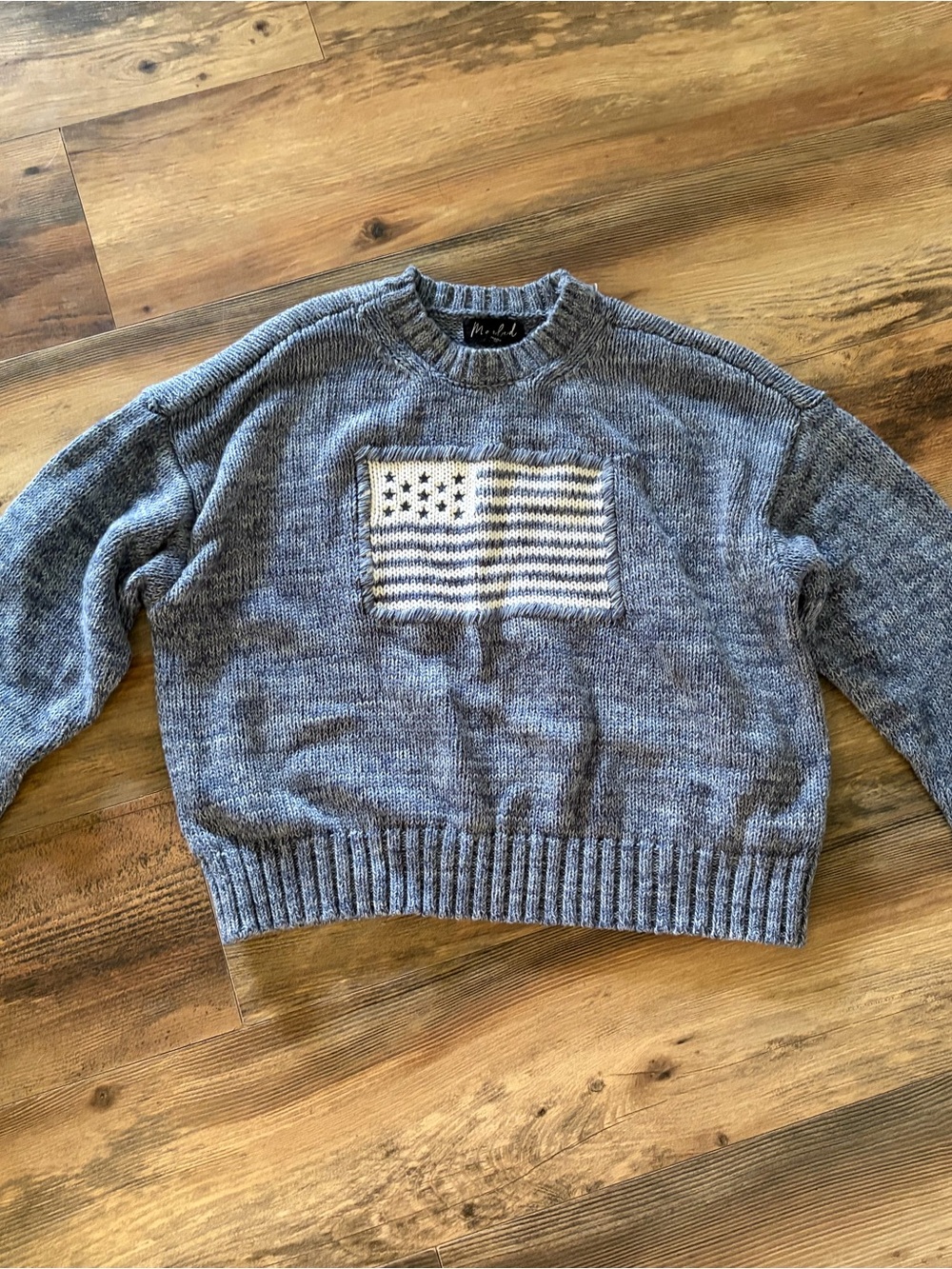 Marled Gray Crewneck Sweater with Flag Patch
